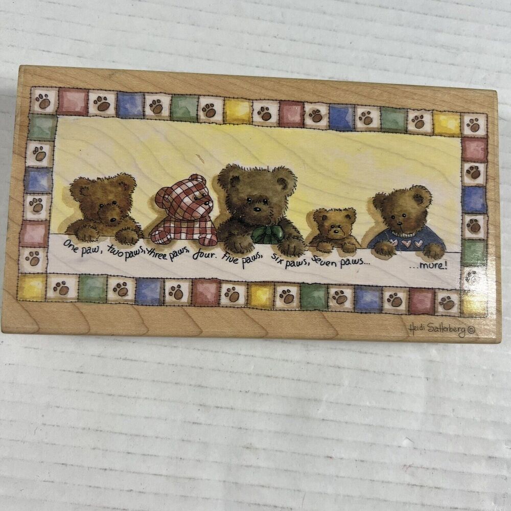 Vntg Stamps Happen Heidi Satterberg One Paw, Two Teddy Bears Wooden Rubber Stamp